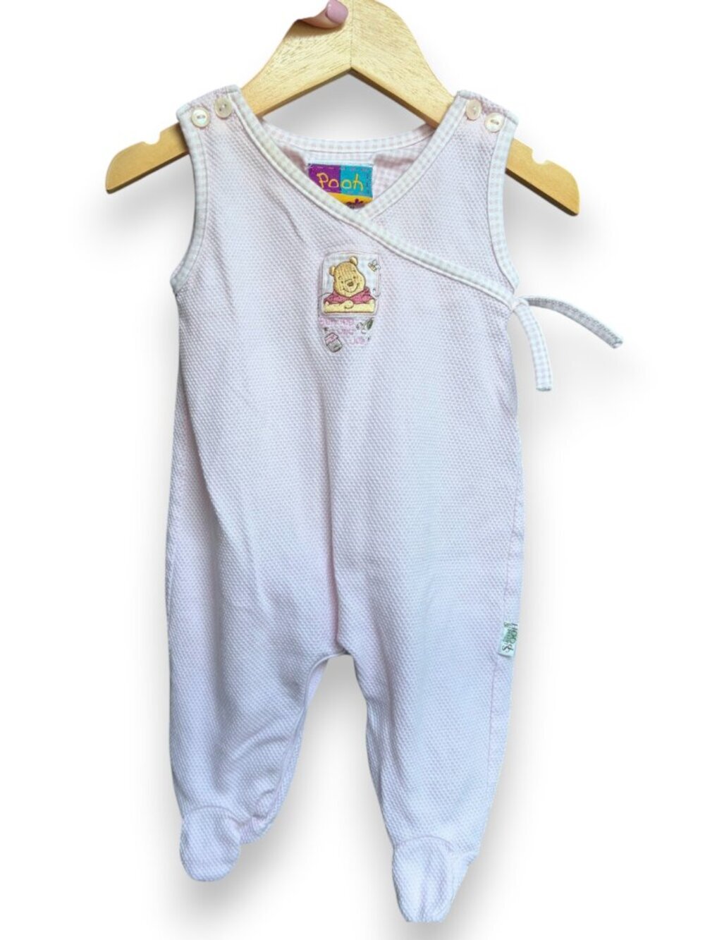 Vintage Y2K Disney Winnie The Pooh Gingham Seersucker Baby Overall Sz 3/6m RARE - Picture 1 of 7